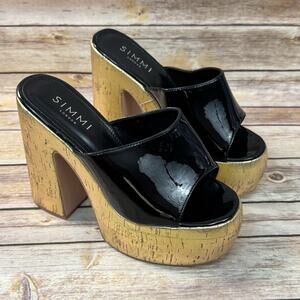 Simmi London Womens Black & Gold Patent Leather Platform Heels 9 Retro 70s Inspo